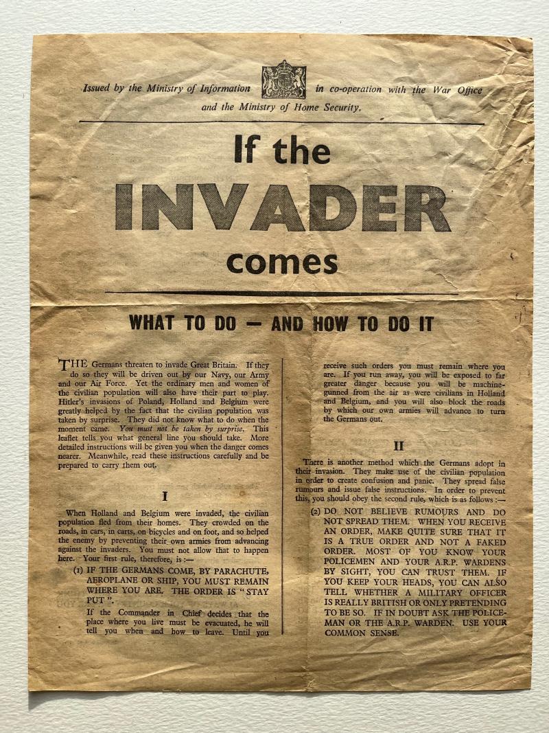 WW2 British, Home Front, ‘If The Invader Comes’ Leaflet, June, 1940.